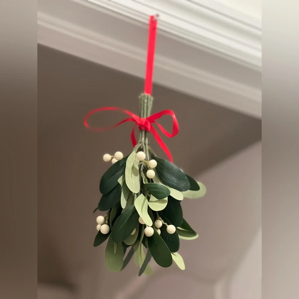 Crate & Barrel Faux Green Mistletoe set with Red Ribbon Accents- Set of 3